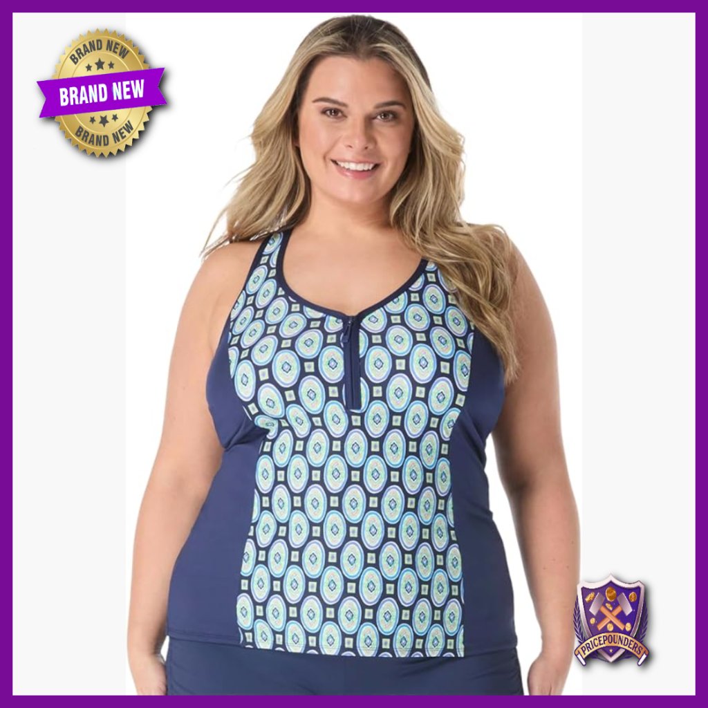 Plus Size Athletic Tankini Top Upf 50+ Racerback Zip Front V-Neck